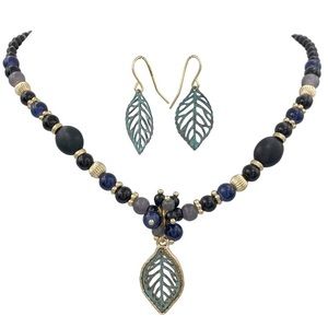Green Patina Black Bead Leaf Necklace Earrings Set